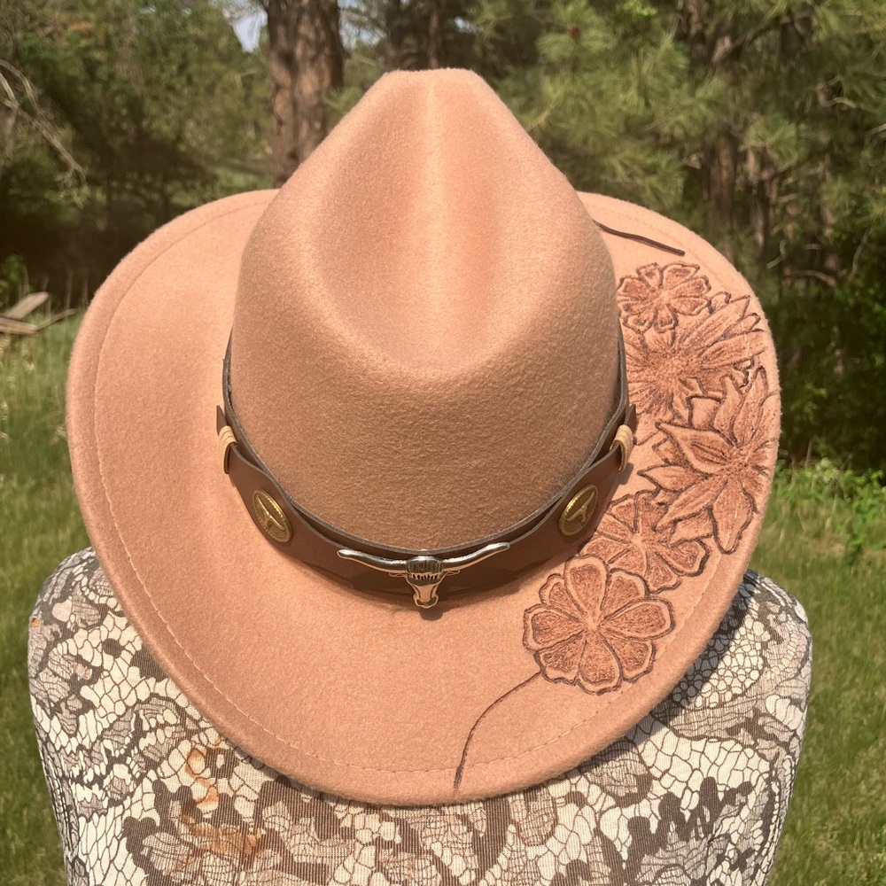 Floral Tooled Brown Felt Cowgirl Hat with Band